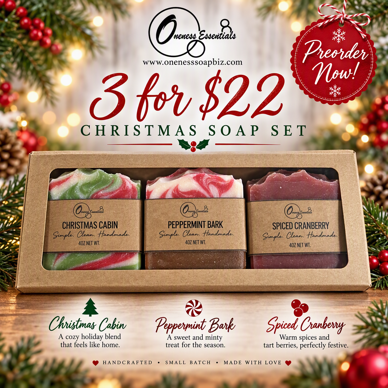 Christmas Soap Trio- Preorder. 3 Handmade Bars for $22